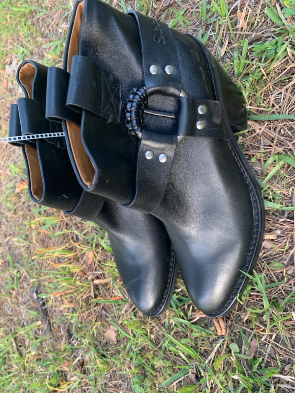 See by Chloé Black Leather Ankle Booties with Stud & Strap Detail